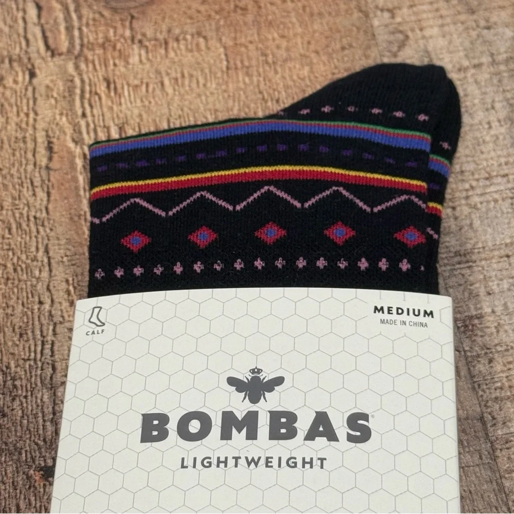 Bombas Black With Multicolor Geometric Lines Crew Socks Size Medium